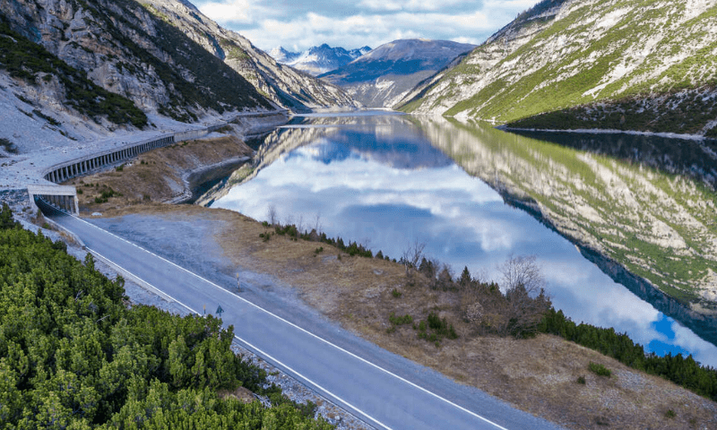 Aerial view of some of the 48 hairpins on the Stelvio pass