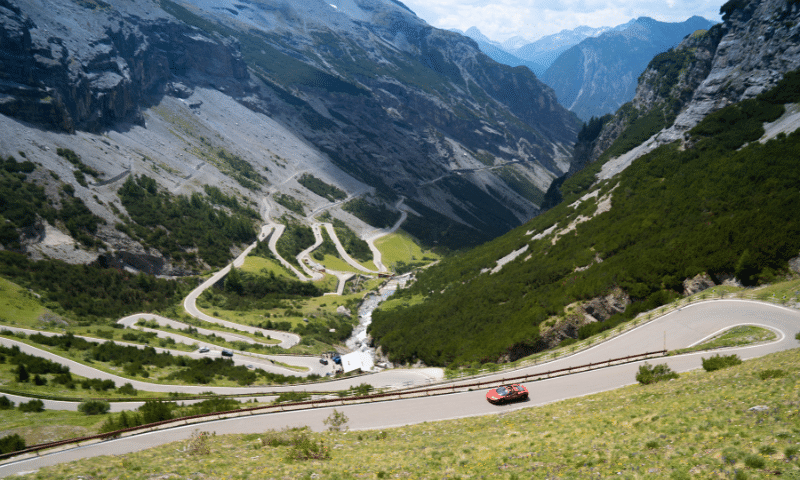 Winding Bormio descent from Stelvio summit with Rico Rally car